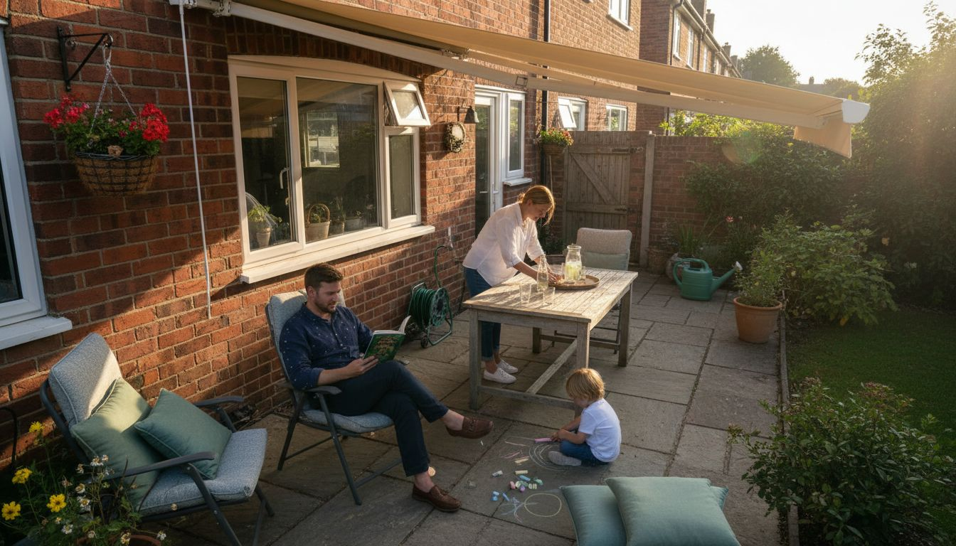 Family relaxes under electric patio awning