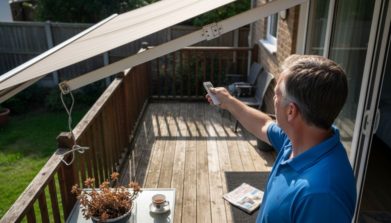 Man operating remote control for electric awning