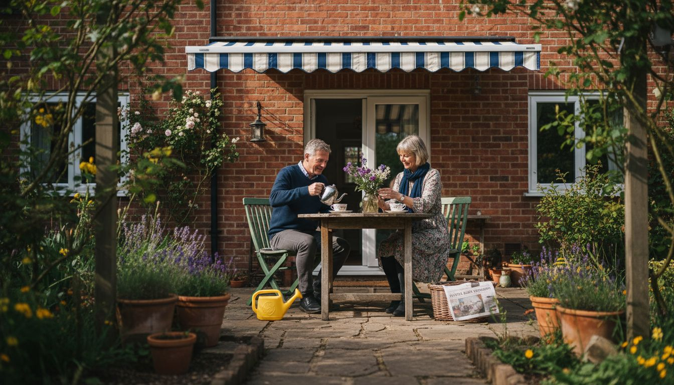 Couple enjoying tea under patio awning