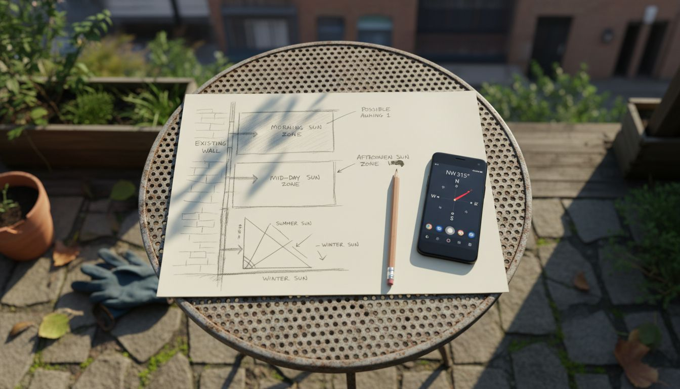 Hand-drawn patio awning diagram with compass app