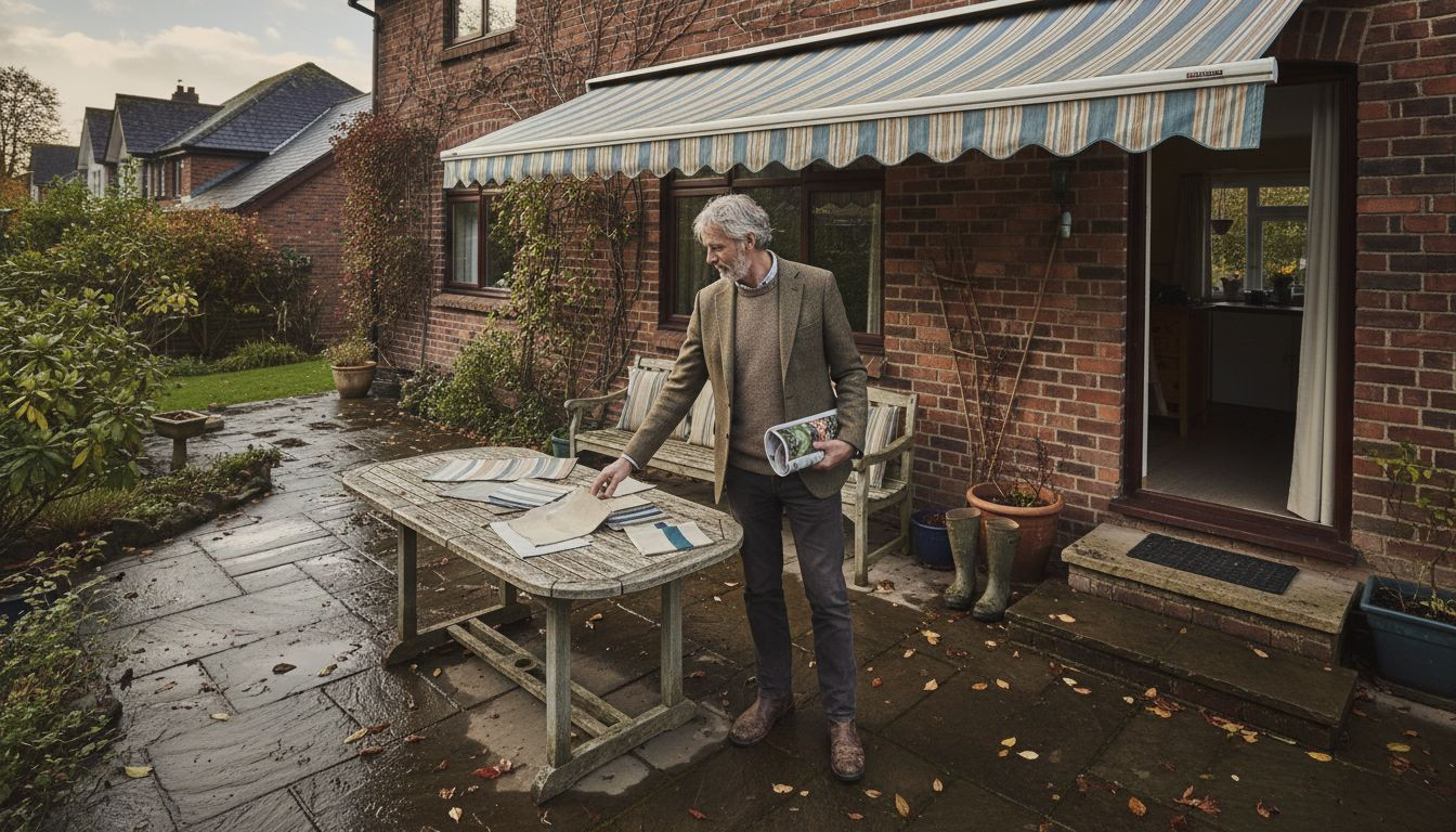 Homeowner choosing retractable awning fabric options