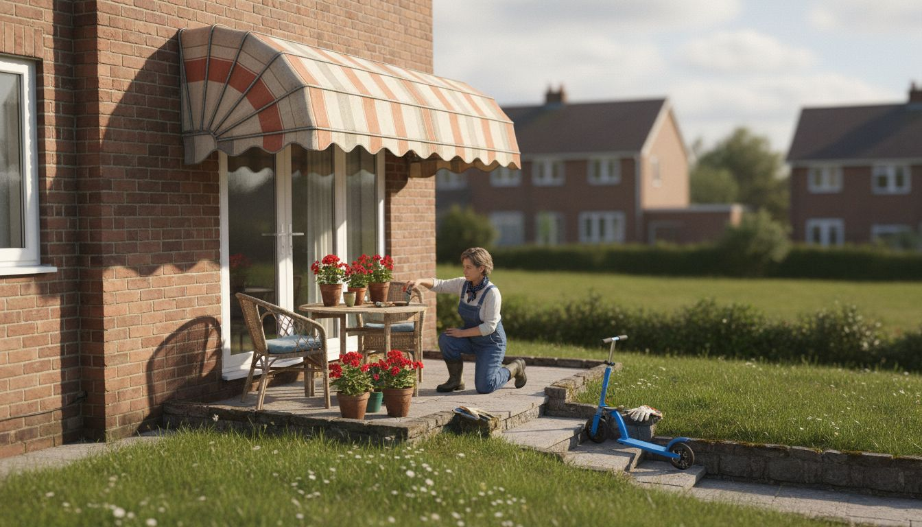 British house with custom striped awning