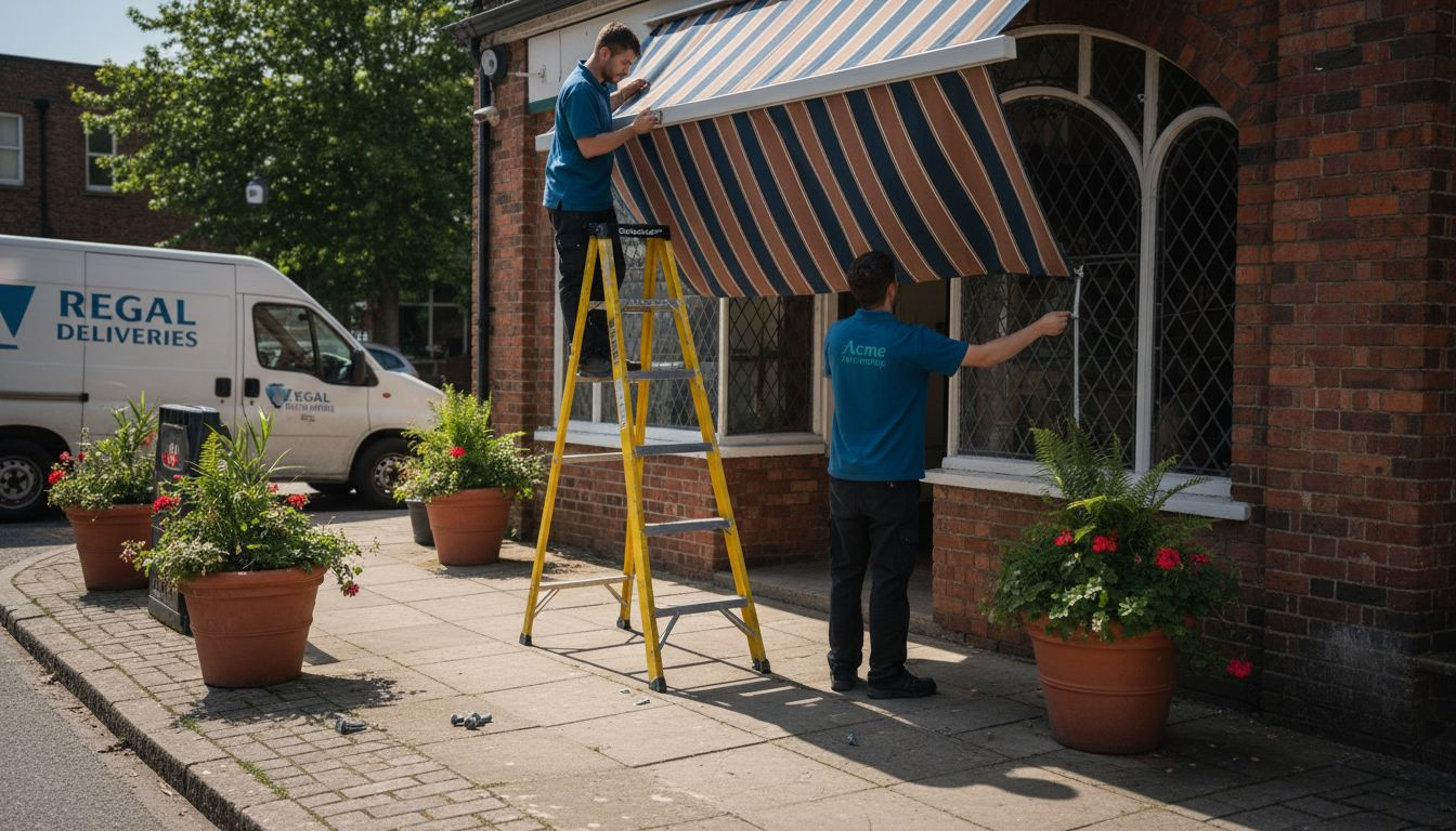 Team installing commercial awning over storefront