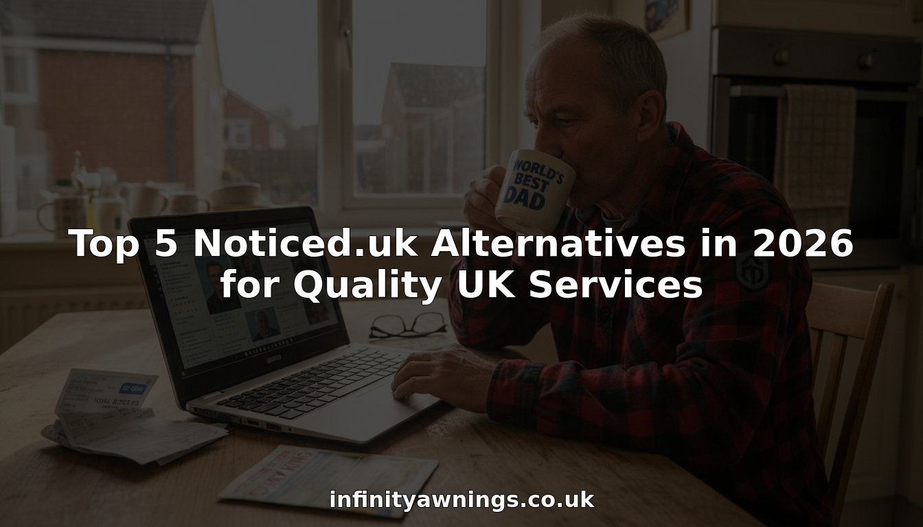 Man comparing UK service directories on kitchen laptop