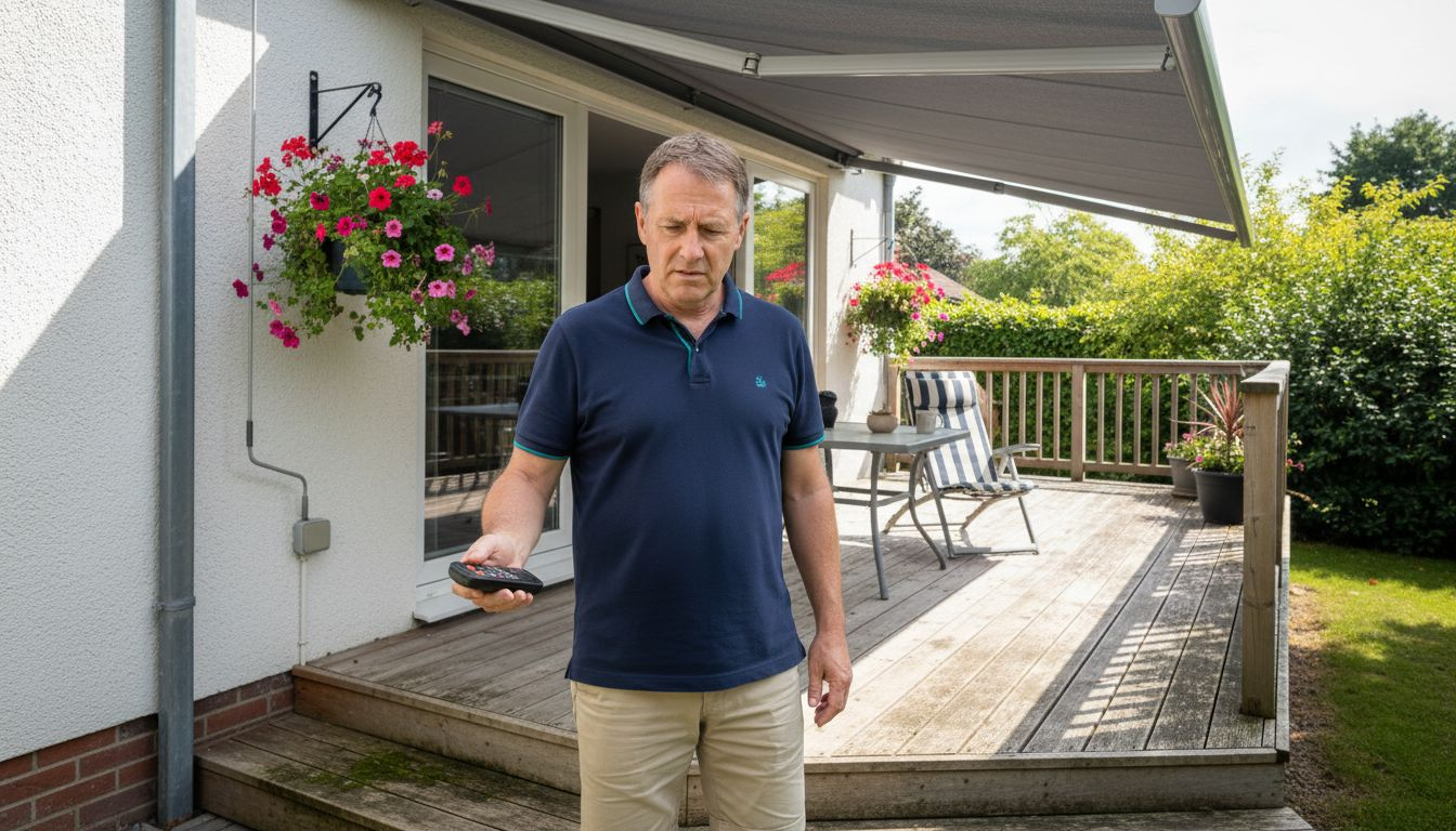 Homeowner inspecting retractable patio awning