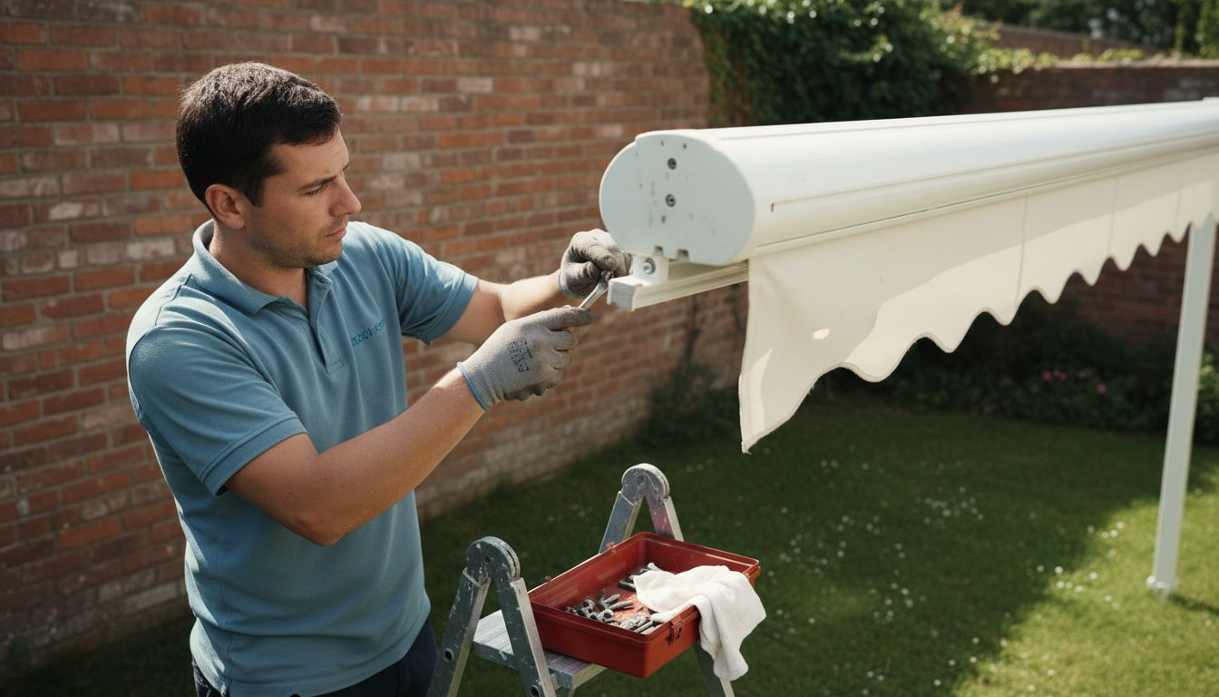 Technician inspecting cassette awning mechanism