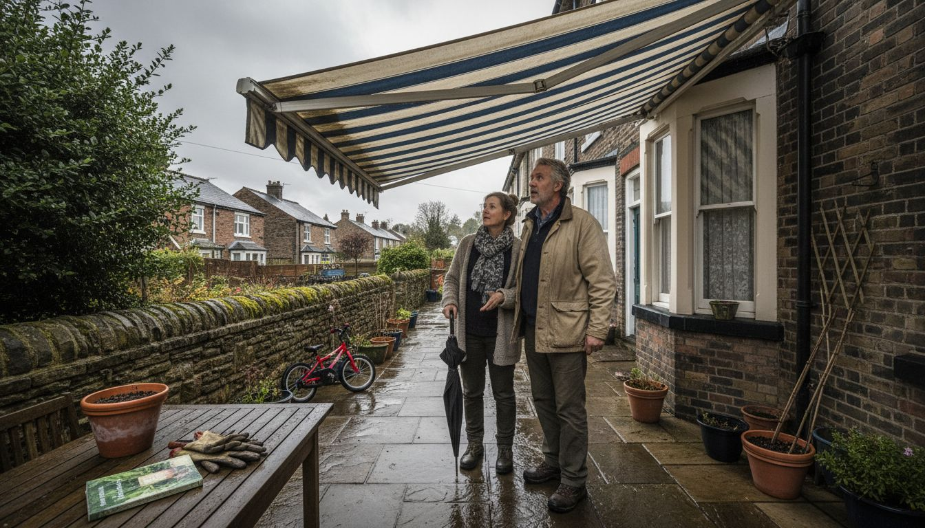Couple inspecting striped awning on Yorkshire home