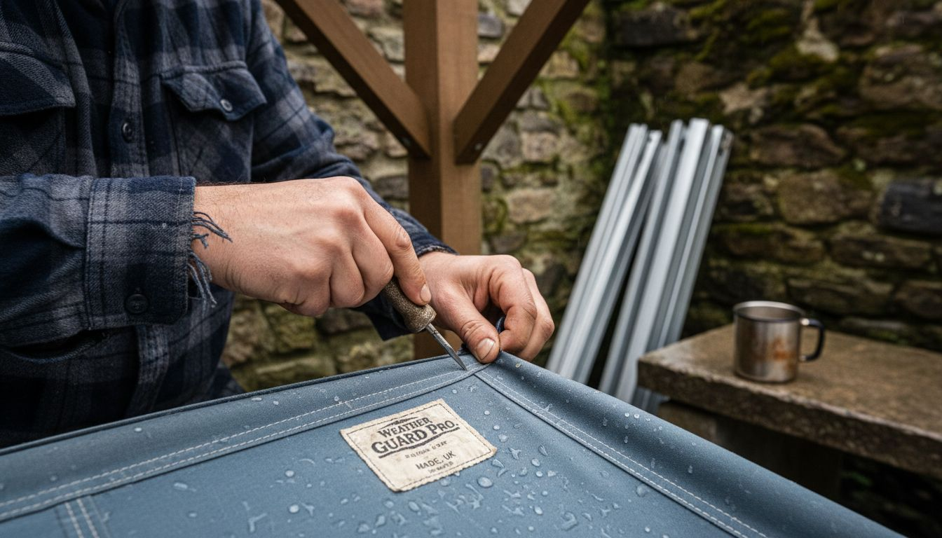 Hands repairing seam on weatherproof awning fabric
