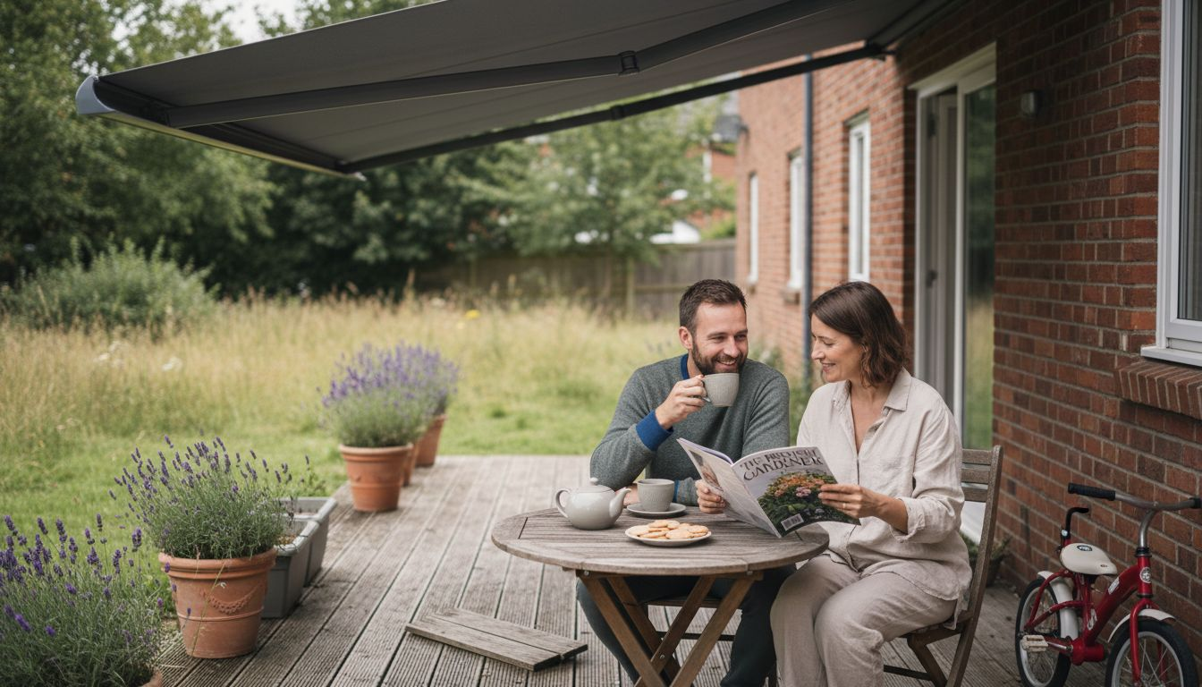 Couple relaxing under stylish retractable patio awning