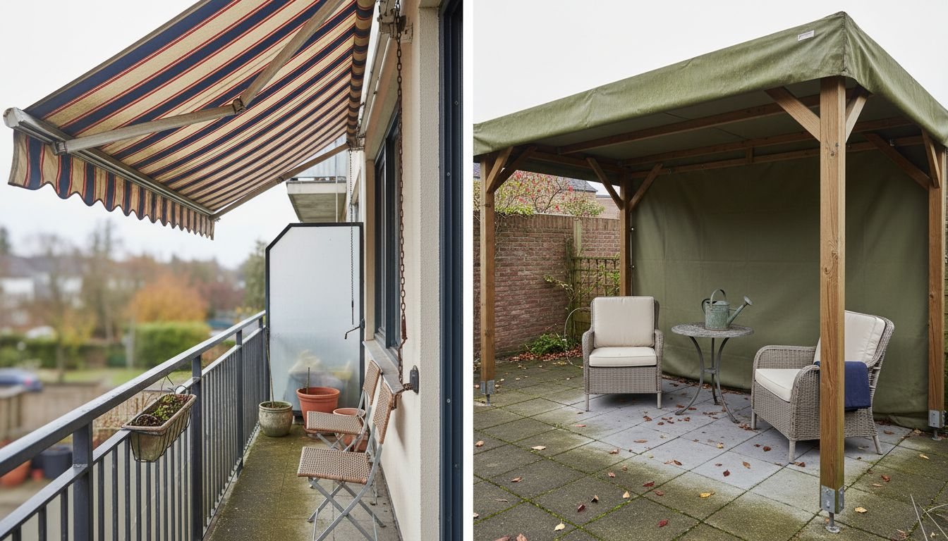 Two outdoor spaces with different awning styles