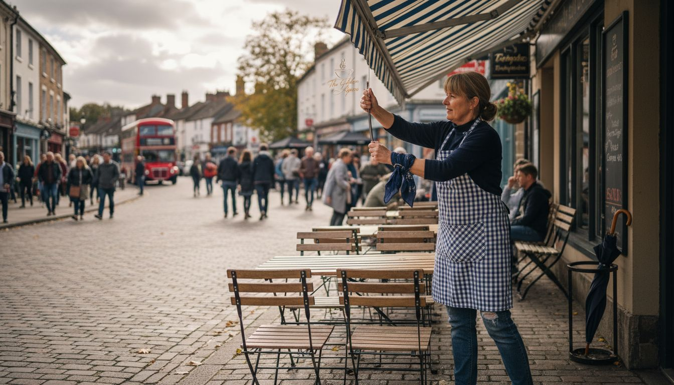 Yorkshire restaurant owner adjusting outdoor awning