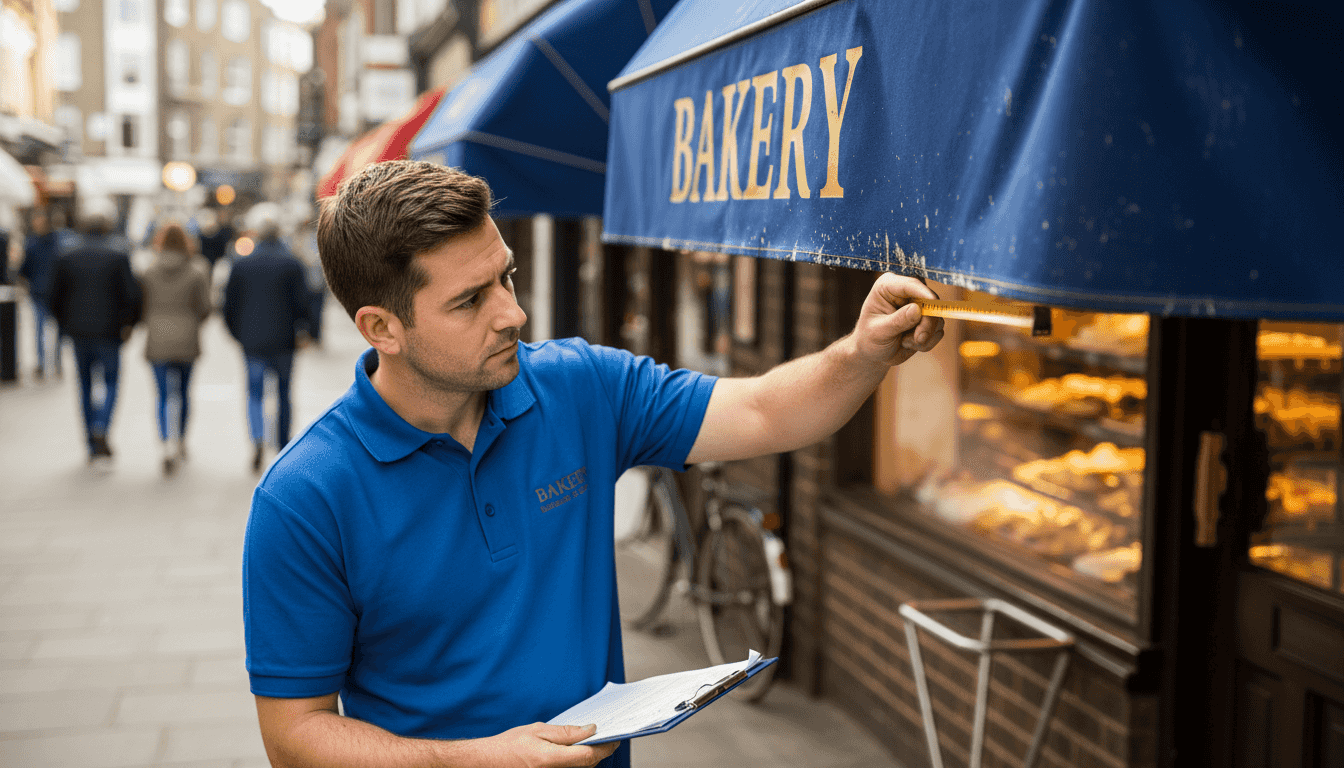 Worker inspects commercial awning material by bakery