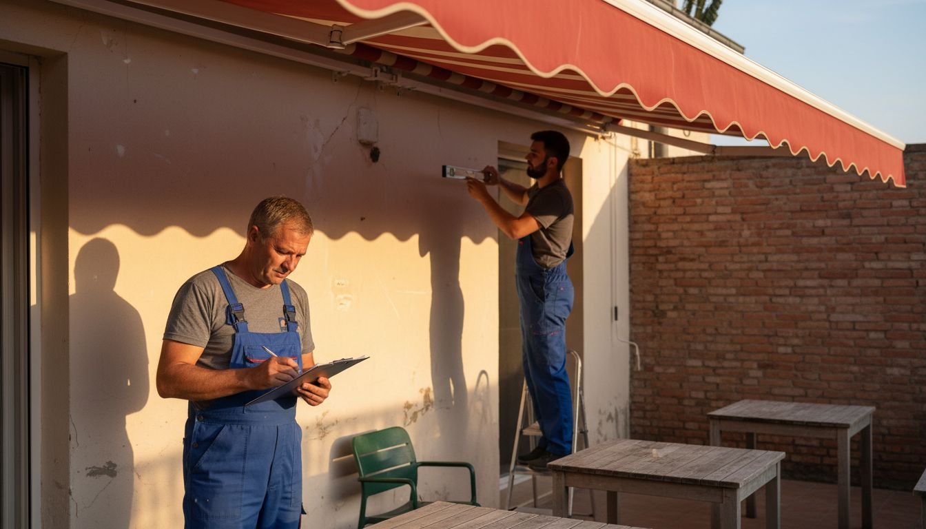 Installer inspecting new restaurant terrace awning