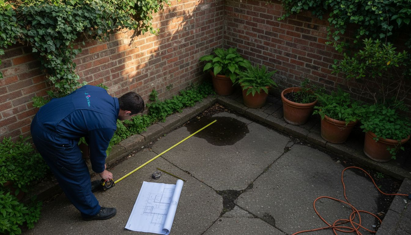 Installer measuring custom L-shaped patio