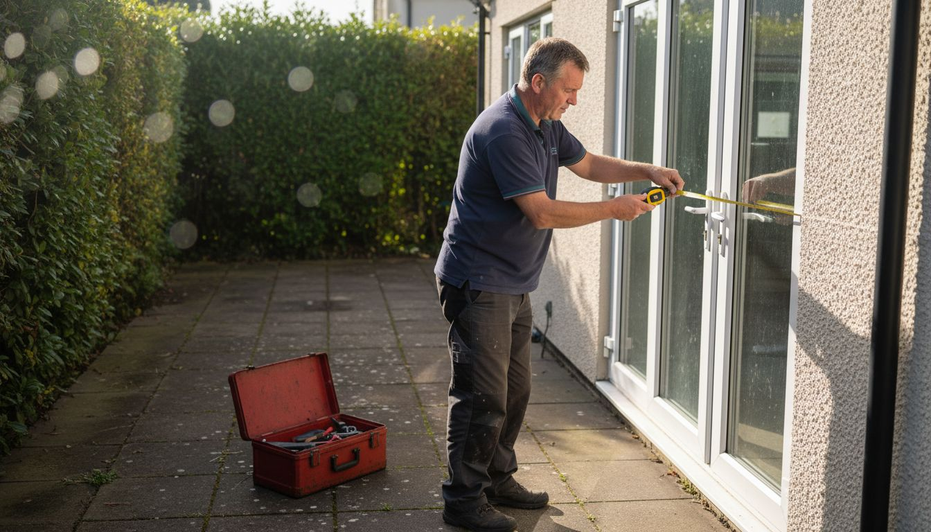 Man measuring for awning on patio wall