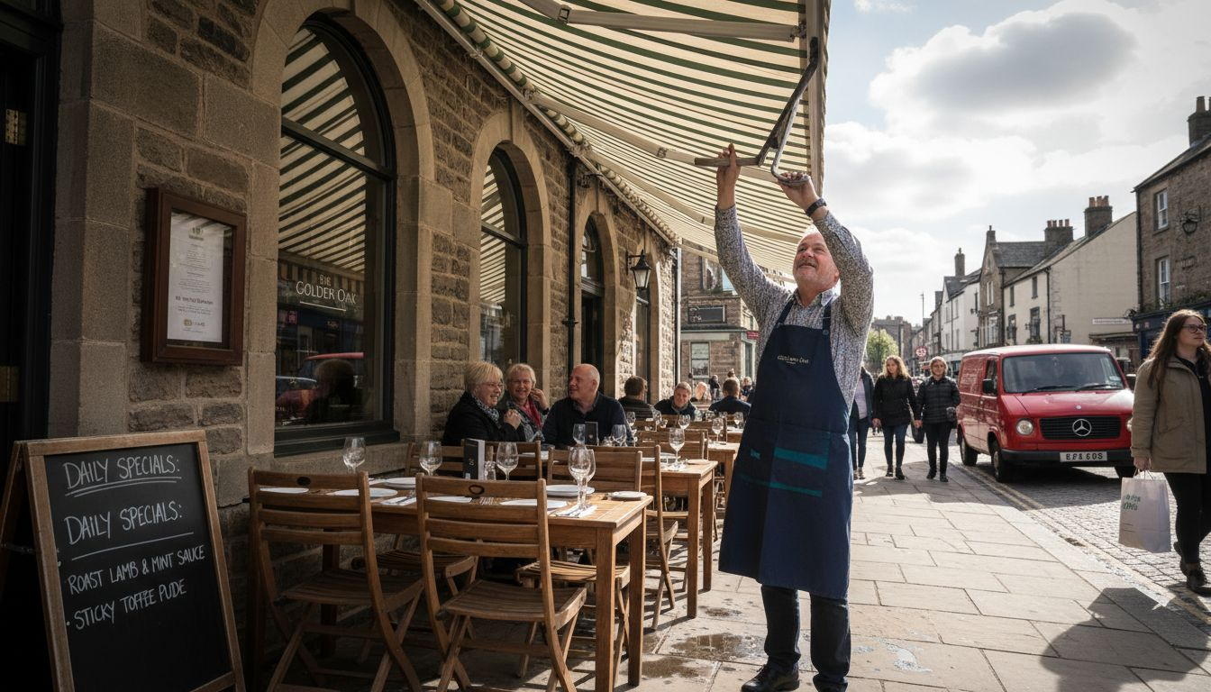 Restaurant owner adjusting awning over outdoor dining