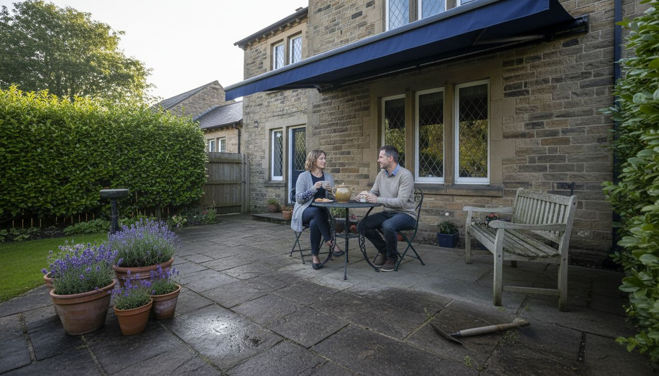 Yorkshire home with awning shaded patio