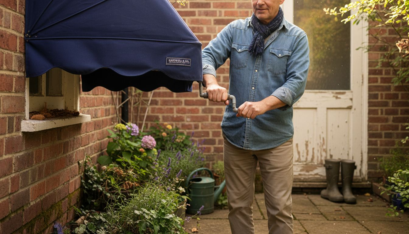 Homeowner extending fabric patio awning