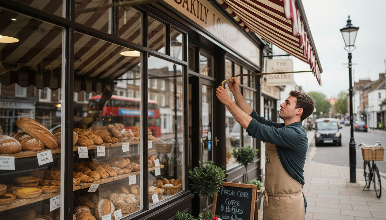 Shopkeeper adjusting drop-arm manual awning