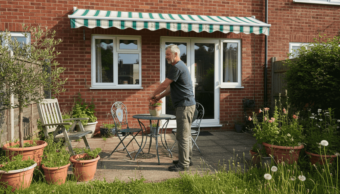 Man operates manual awning on home patio