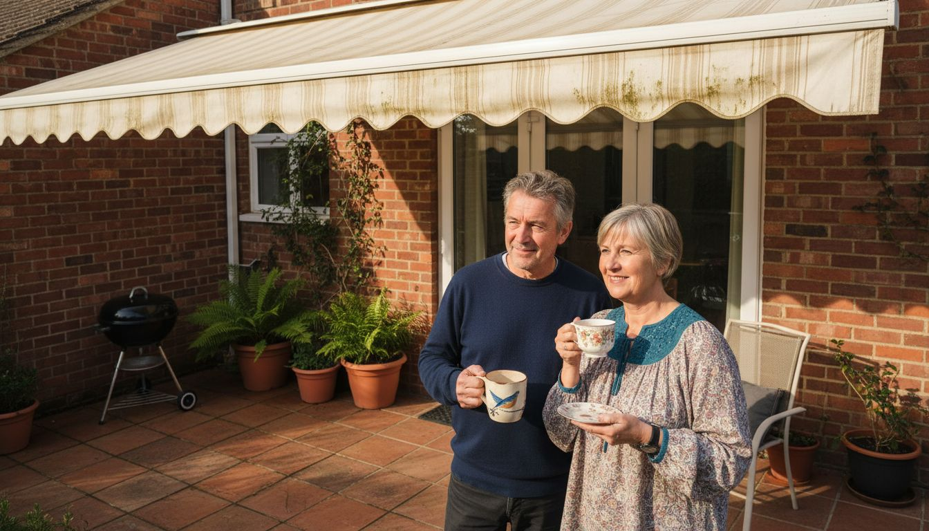 Couple enjoying patio under UK awning
