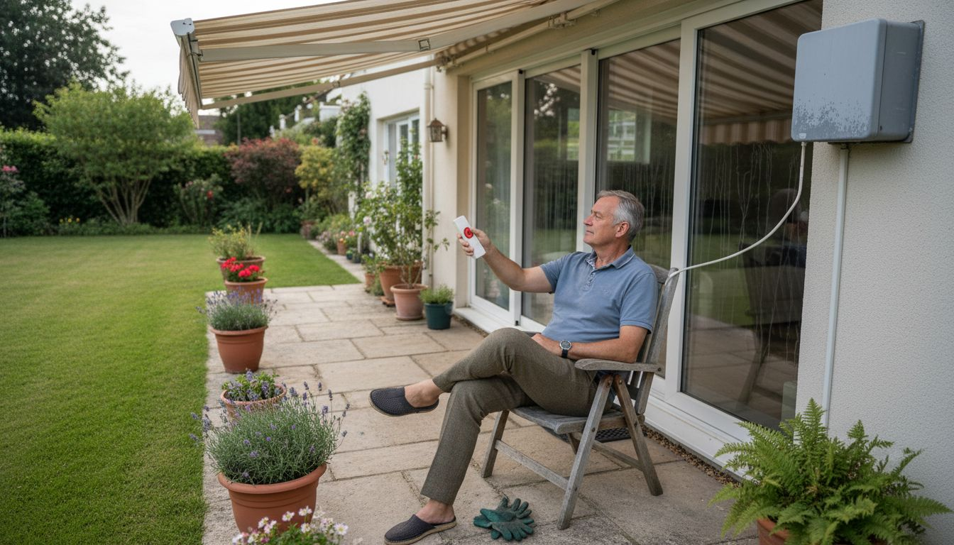 Elderly man retracting electric awning remotely