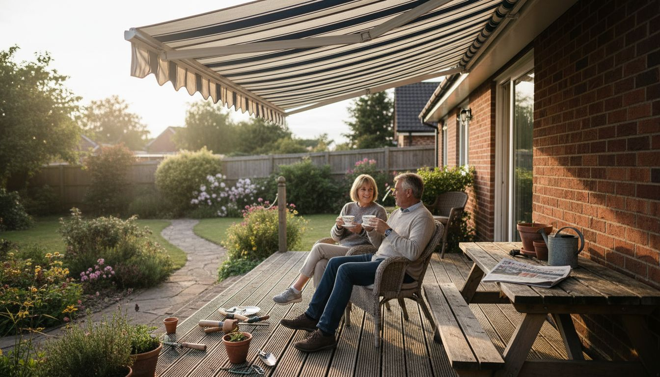 Couple relaxing under electric awning on patio