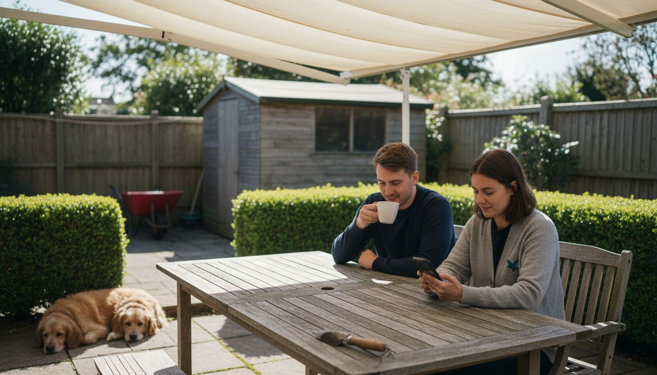 Couple relaxing under UK garden awning
