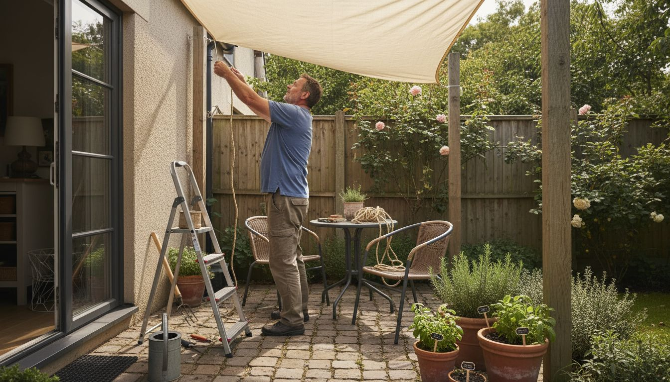 Man installing sail shade on a patio