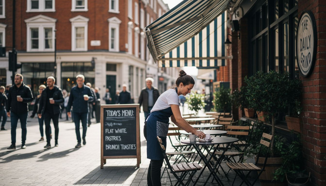 Business owner arranging tables under awning