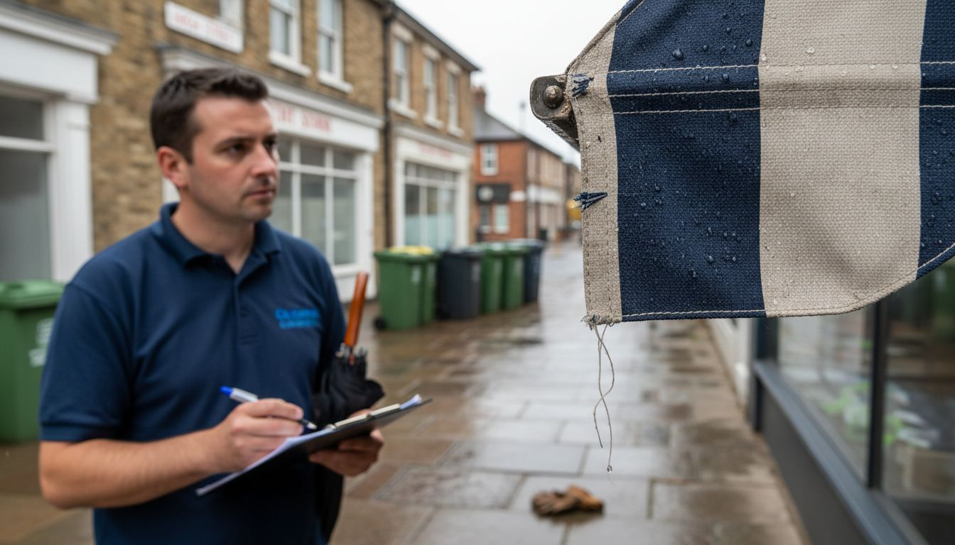 Worker inspecting awning fabric in rain
