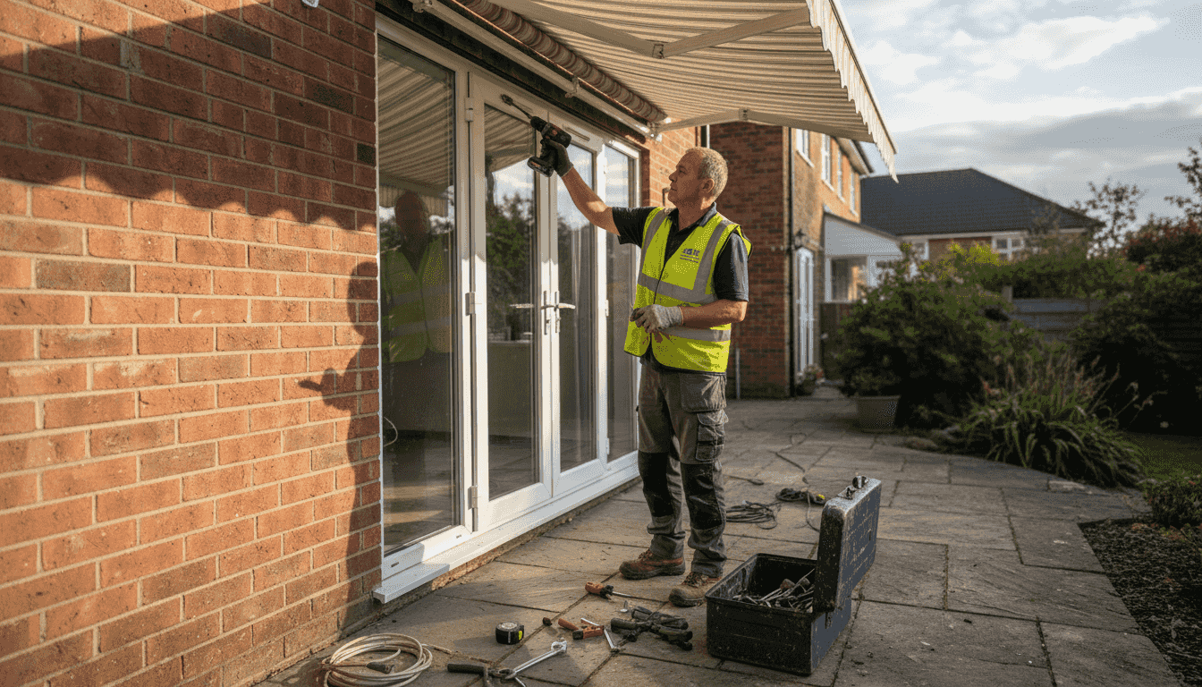 Electric awning installation outside UK home