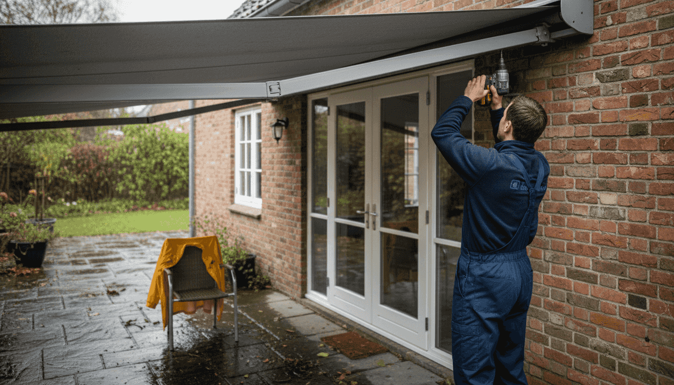 Installer securing electric awning on rainy patio