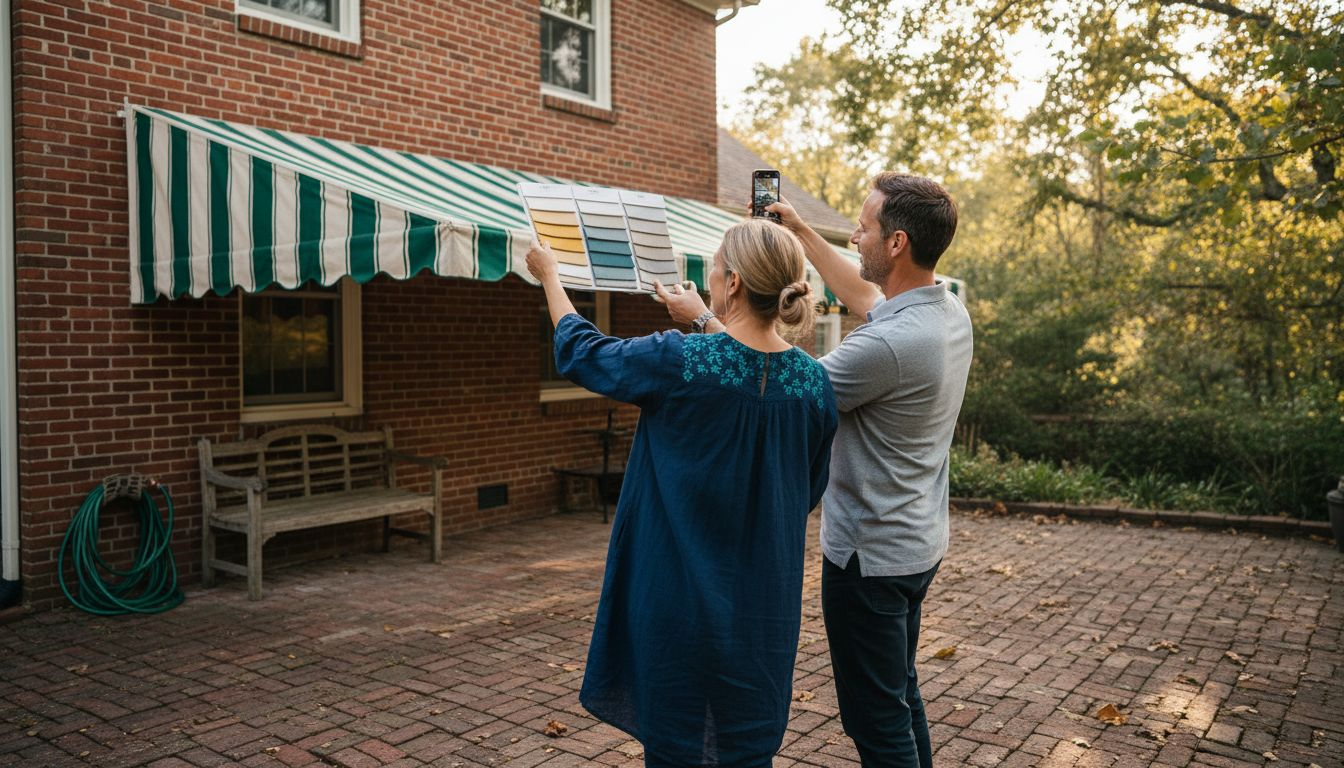 Couple comparing awning fabric swatches outdoors
