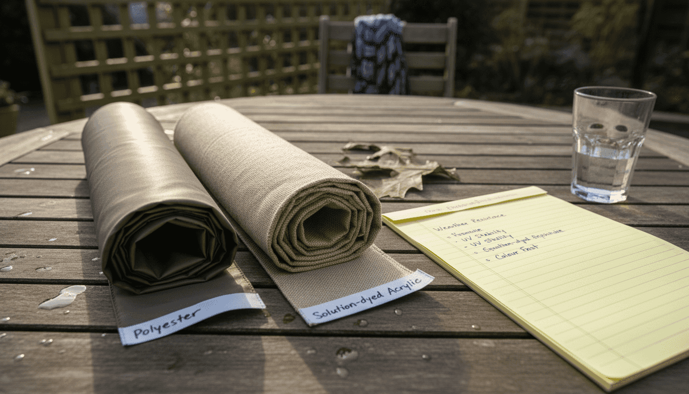 Awning fabric samples compared on outdoor table