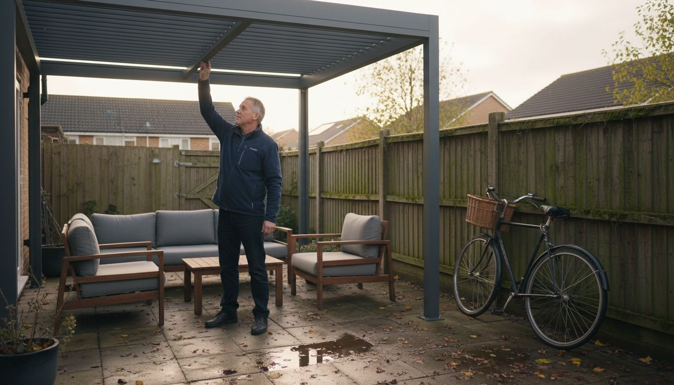 Homeowner adjusting pergola for seasonal comfort