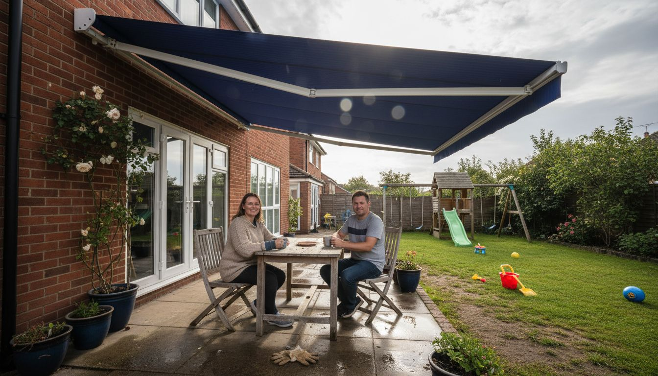 UK family enjoying shaded outdoor patio