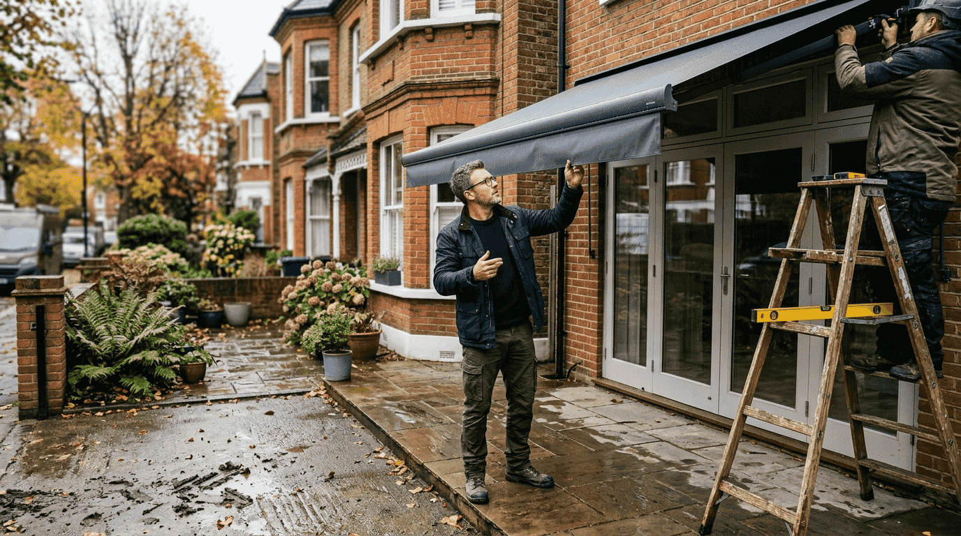 Architect assists with awning installation on terrace