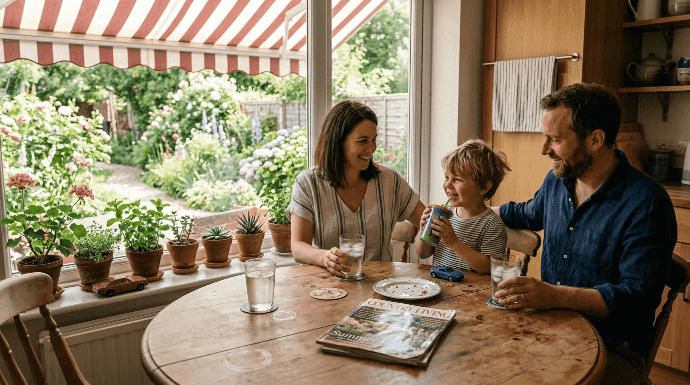 Family kitchen shaded by window awning