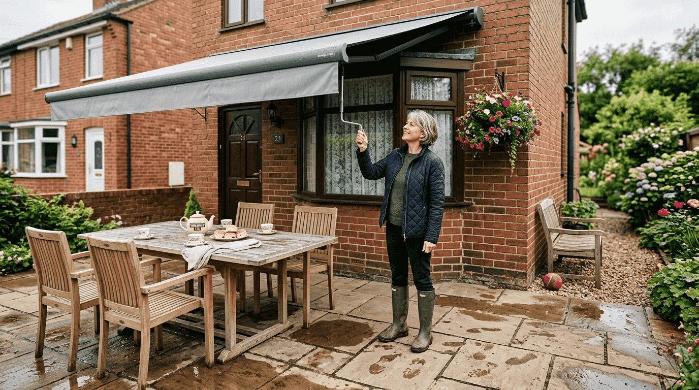 Homeowner adjusting awning on Yorkshire patio