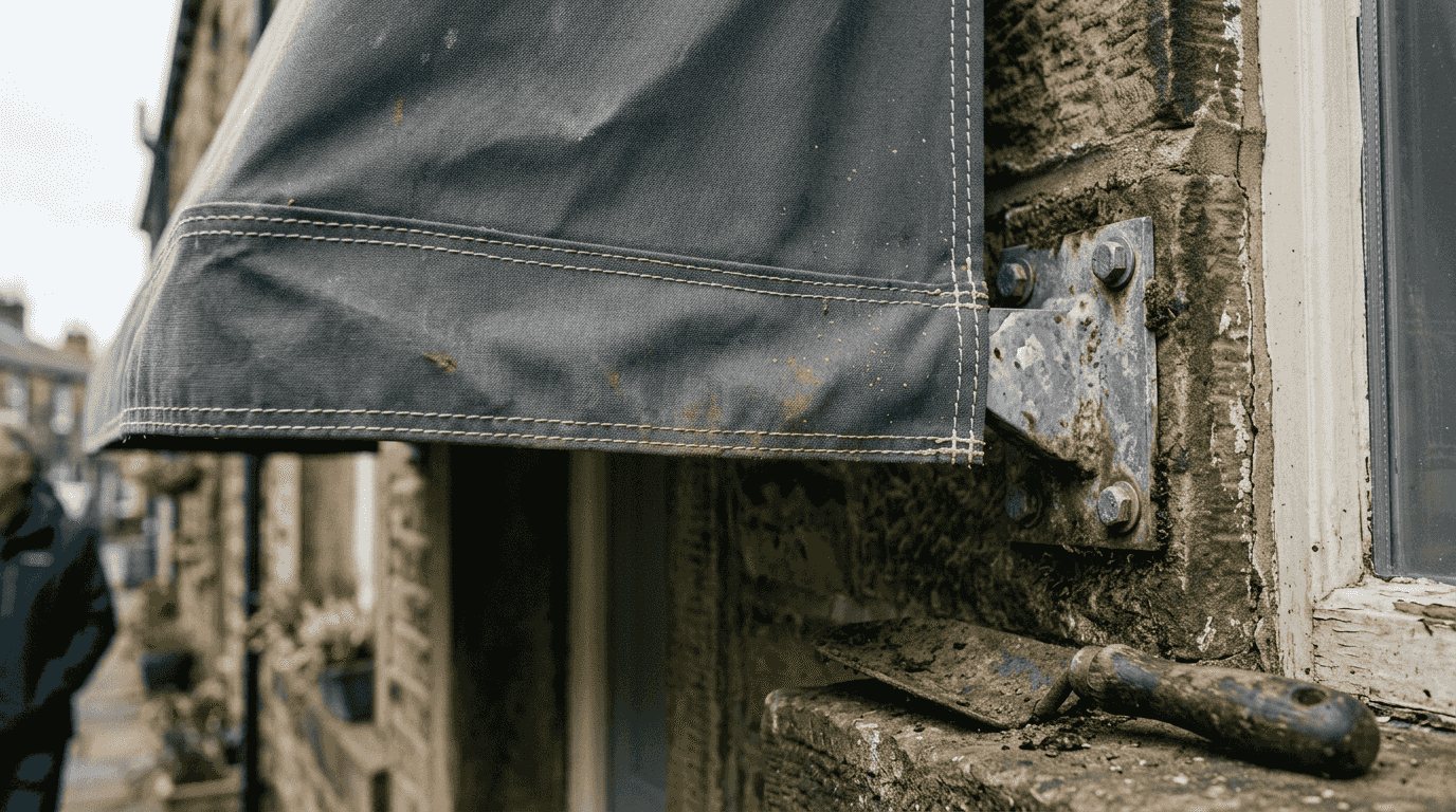 Close-up premium awning stitching and hardware