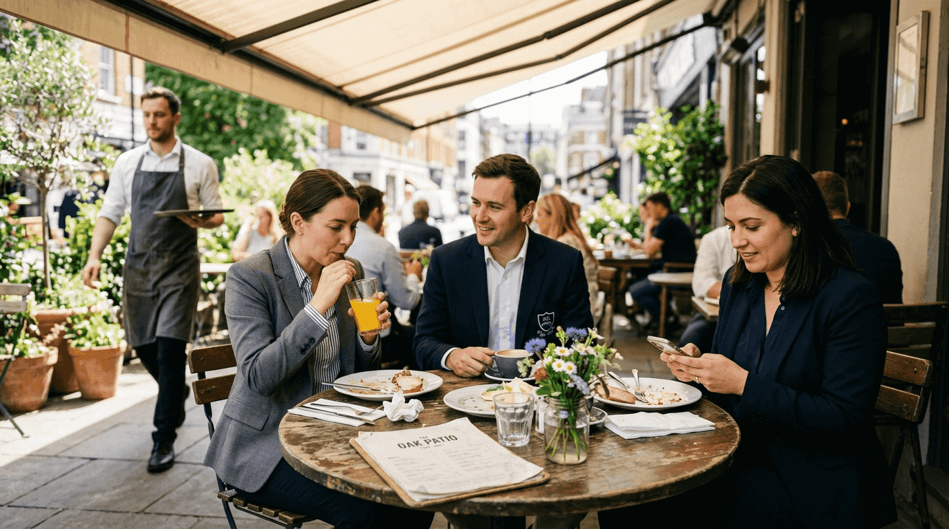 Shaded restaurant patio with relaxed customers