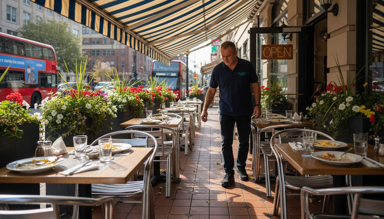 Manager arranging outdoor dining shaded tables