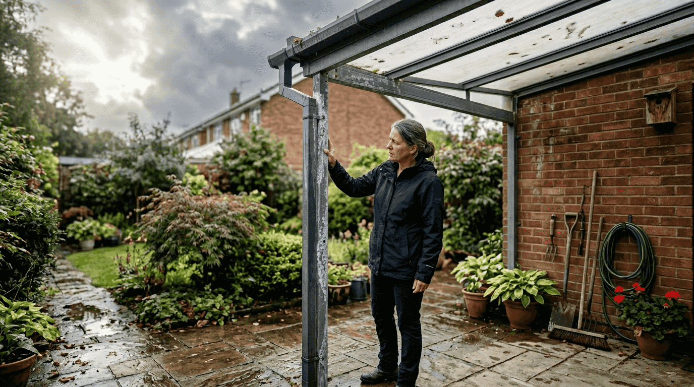 Homeowner inspecting aluminum patio cover structure