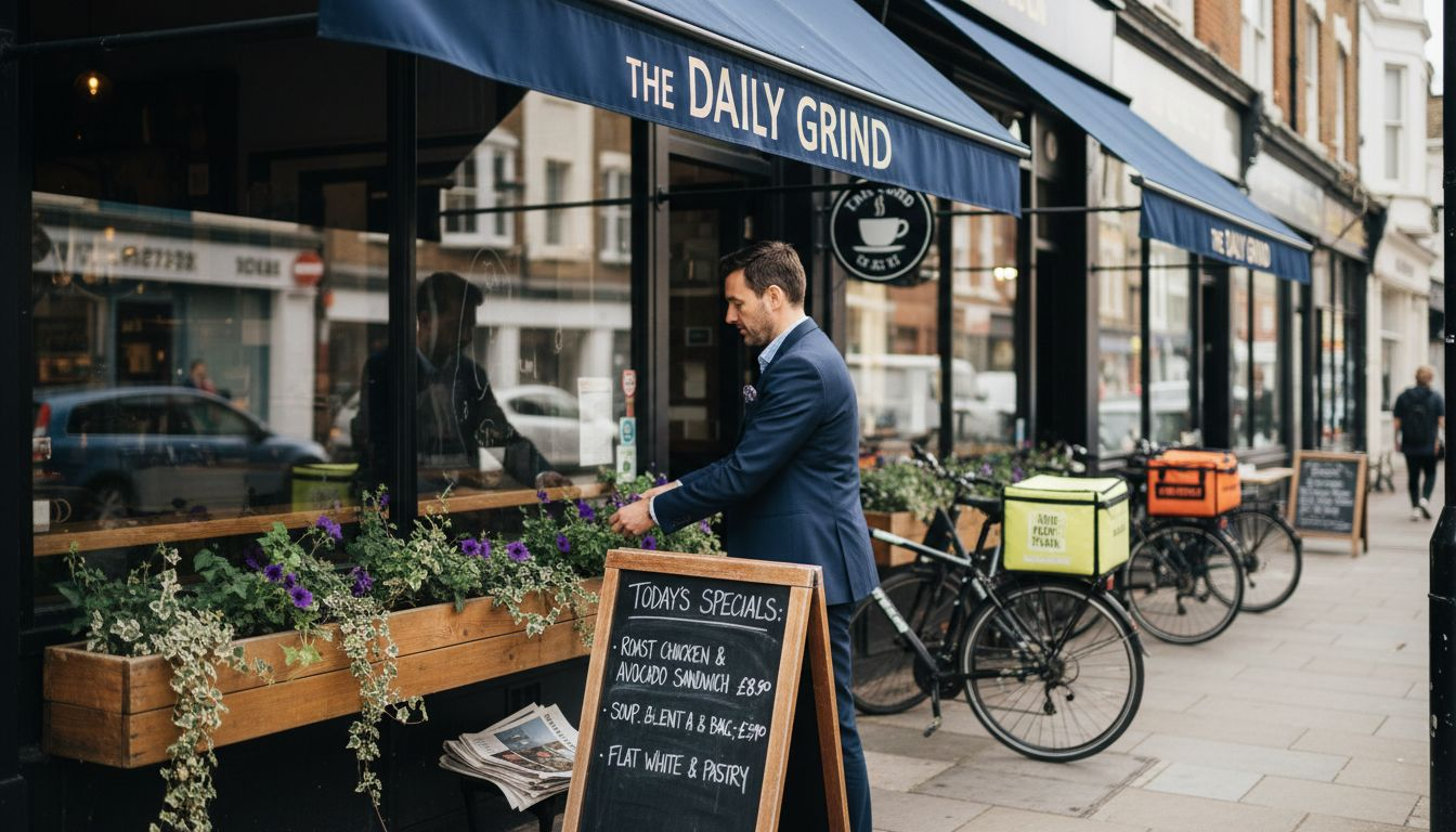 Business owner with branded awning outside café