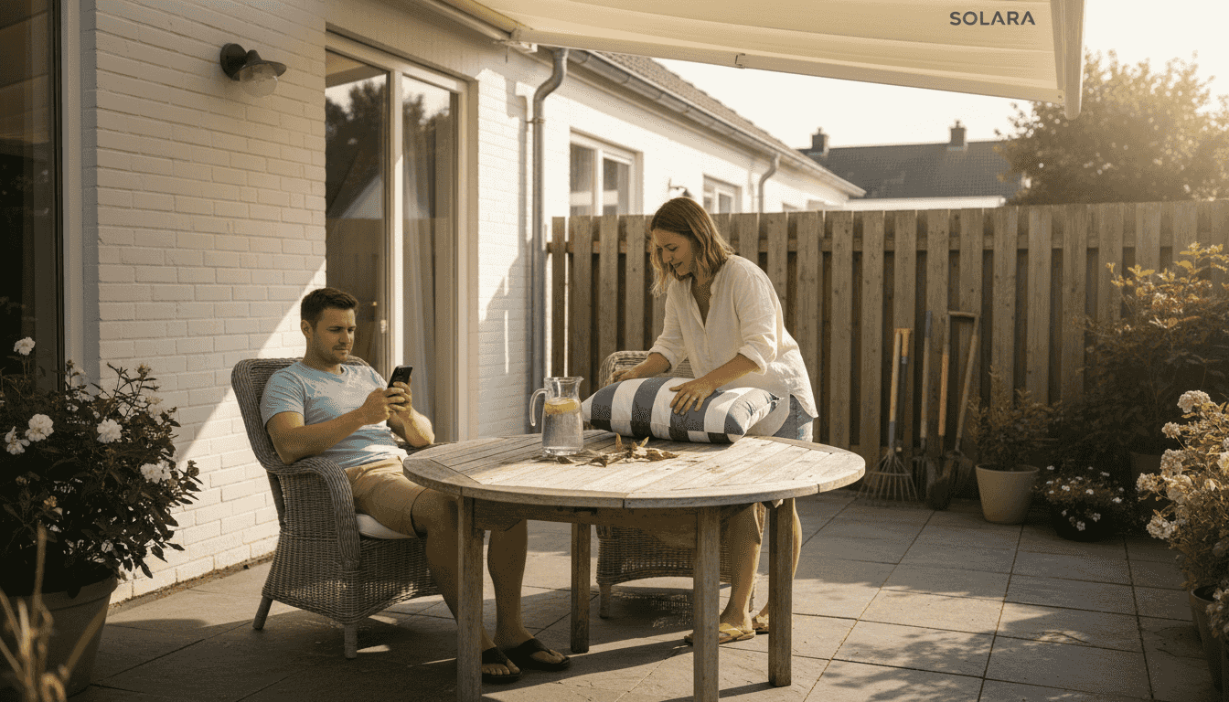 Couple relaxing under stylish home awning
