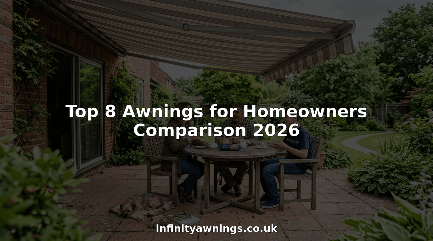 Family relaxing under patio awning