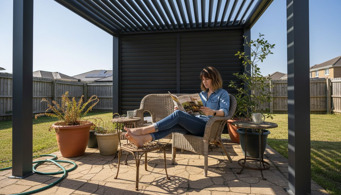Modern pergola shading backyard seating area