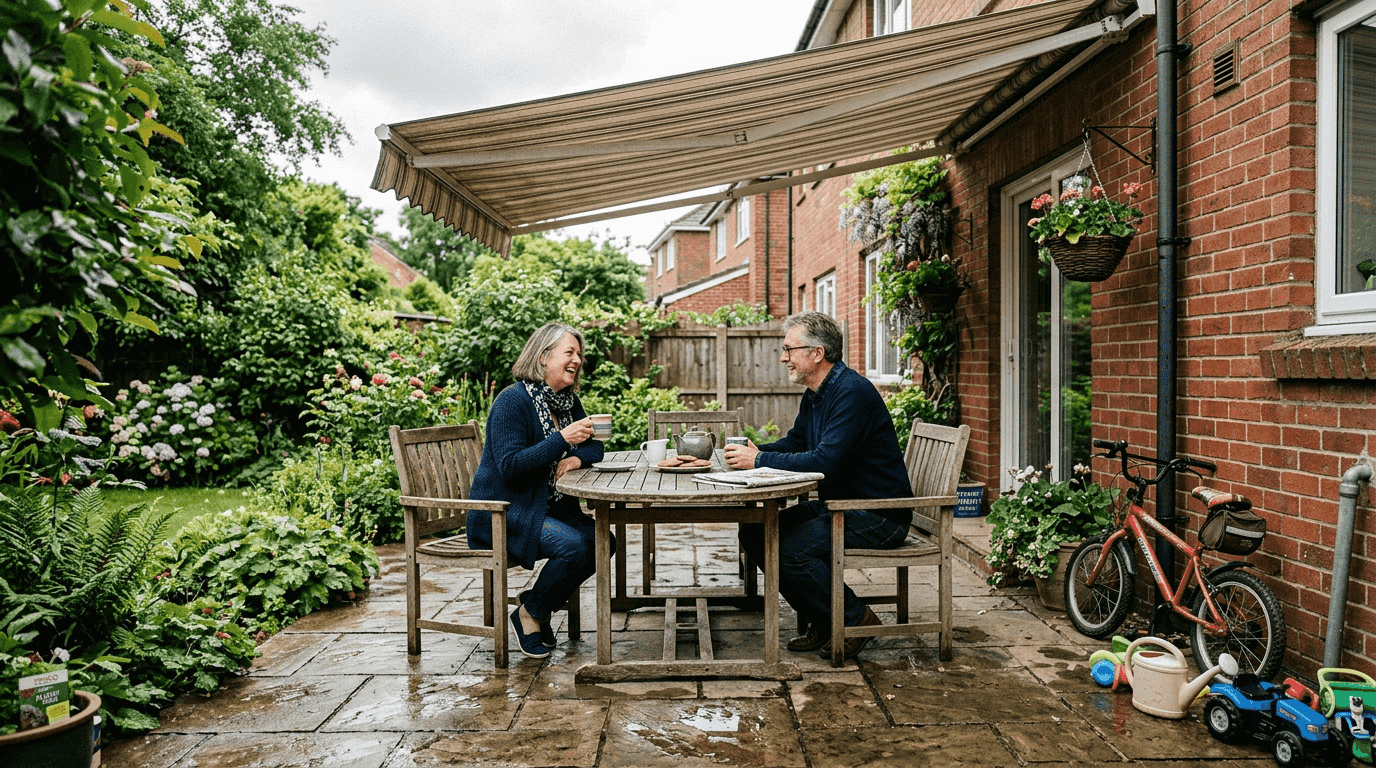 Couple under awning in Yorkshire garden