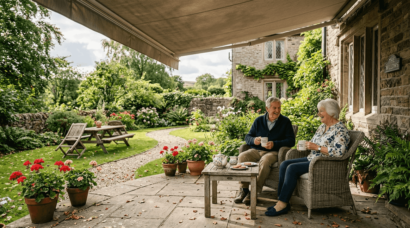 Couple enjoying tea under retractable awning